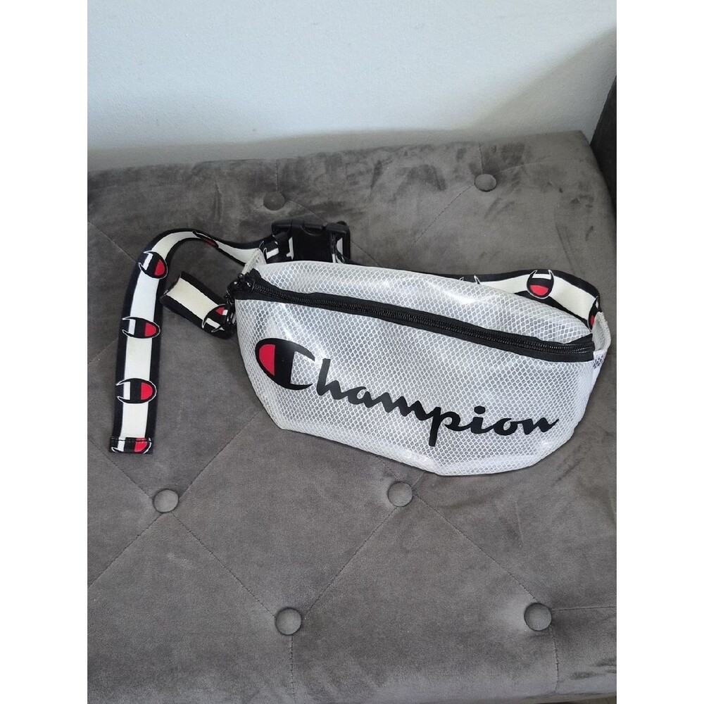 Champion White Mesh Belt Bag with Black Logo and Red Accents